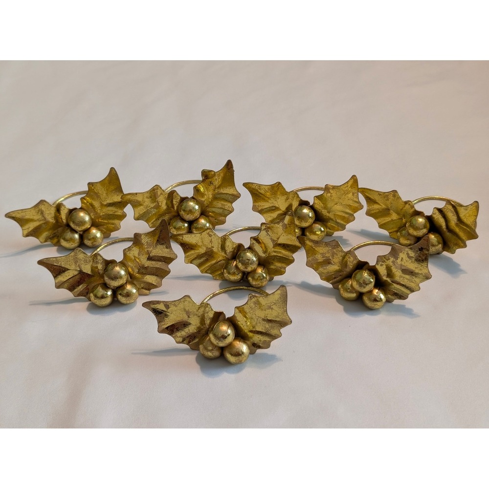 Vintage Gold Metal Holly Berry Napkin Rings Set of 8 Christmas Holiday Decor